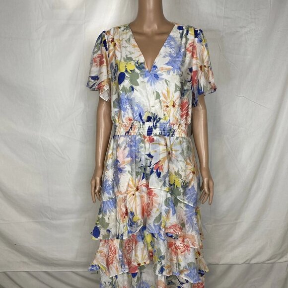 Vince Camuto Women’s Flutter Sleeve Tiered Midi Dress – Summer Swirl Print – L - Picture 1 of 11